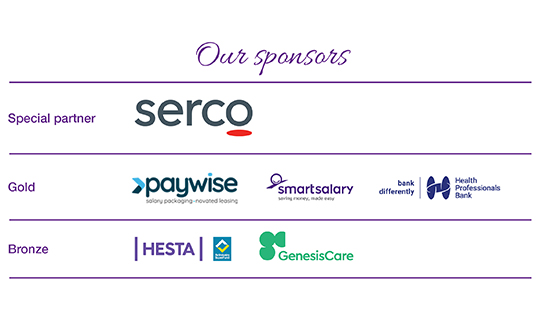 List of 2024 Excellence Awards sponsors and their logos. Special partner - Serco. Gold sponsor - Paywise, smart salary, Health Professionals Bank. Bronze - Hesta, Genesis Care