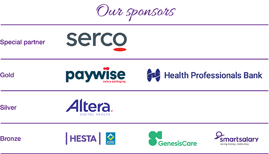 List of 2022 sponsors. Special partner - Serco. Gold sponsor - Paywise. Silver sponsors - HESTA, Smartsalary and Altera. In-kind sponsor - Genesis Care