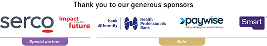 2026 SMHS Excellence Awards sponsor logos. Text reads Thank you to our generous sponsors. Above the words Special partner is the Serco logo. Above the word Gold sponsors are the logos for Health Professionals Bank, Paywise and Smart.