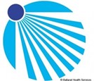 A bright blue circle features a smaller dark blue circle on the perimeter of the top left quadrant. White rays project from the small dark blue circle to the external perimeter of the larger circle.