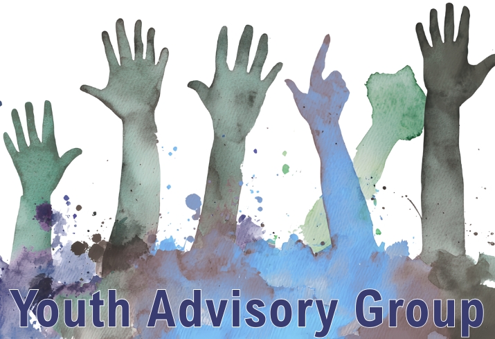 Six forearms and hands reach up from the bottom of the image. Text reads Youth Advisory Group